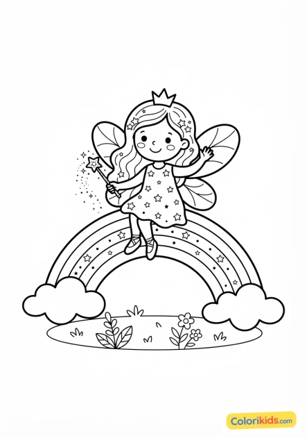 Coloriage à imprimer : fée et arc-en-ciel miniature