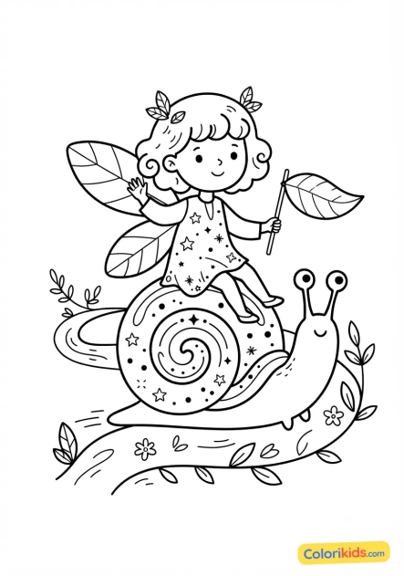 Coloriage à imprimer : fée et escargot voyageur