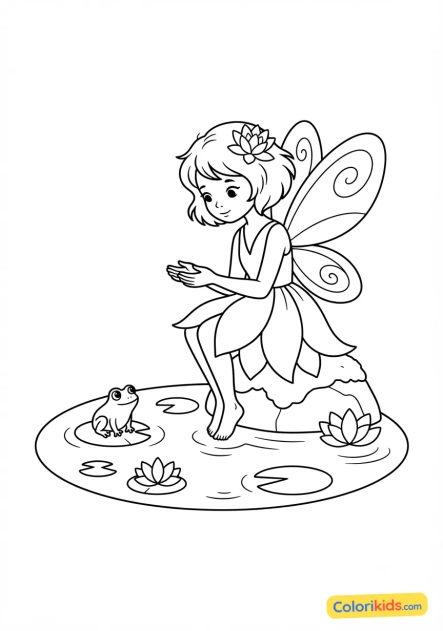 Coloriage à imprimer : fée au bord d'un étang enchanté