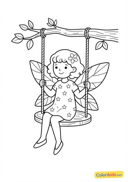 Coloriage à imprimer : fée et balançoire suspendue à une branche