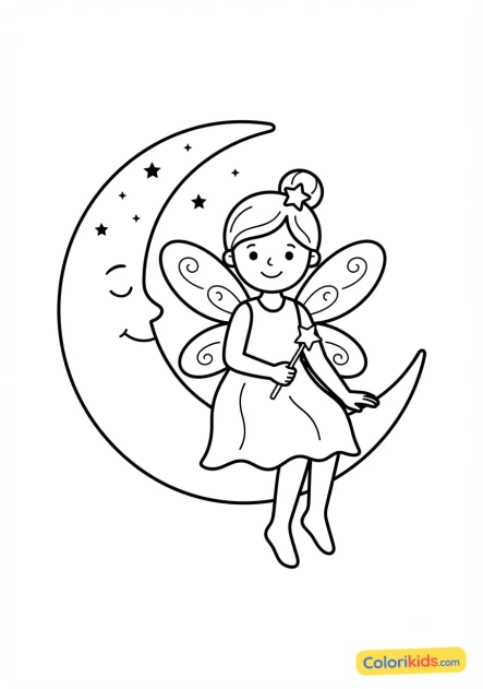 Coloriage à imprimer : fée sur un croissant de lune