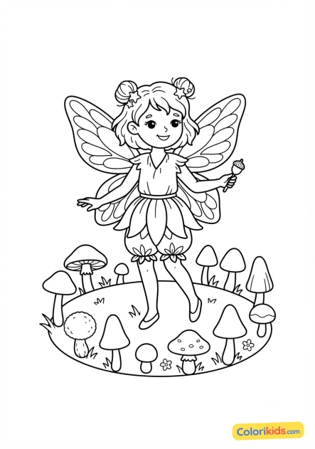 Coloriage à imprimer : fée et cercle de champignons magiques