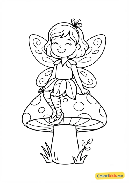 Coloriage à imprimer : fée assise sur un champignon