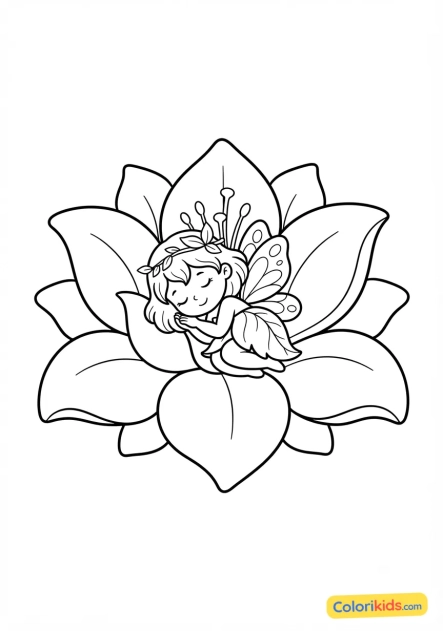 Coloriage à imprimer : fée endormie dans une fleur