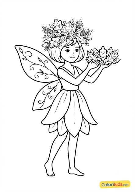 Coloriage à imprimer : fée et couronne de feuilles