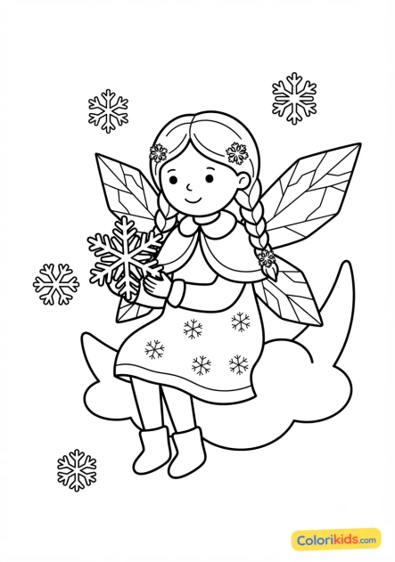 Coloriage à imprimer : fée des neiges et flocons