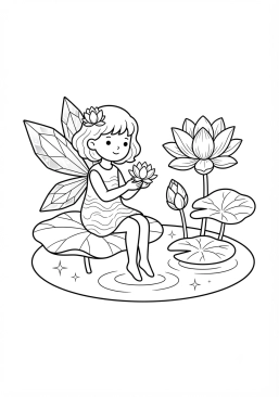 Coloriage Fée et fleurs de lotus aquatiques