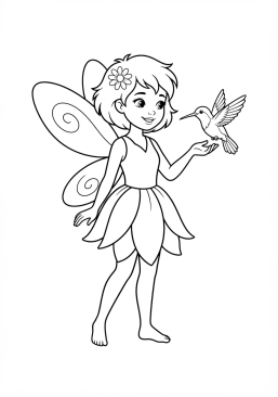 Coloriage Fée et colibri curieux