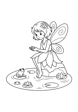 Coloriage Fée au bord d'un étang enchanté