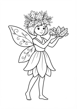 Coloriage Fée et couronne de feuilles