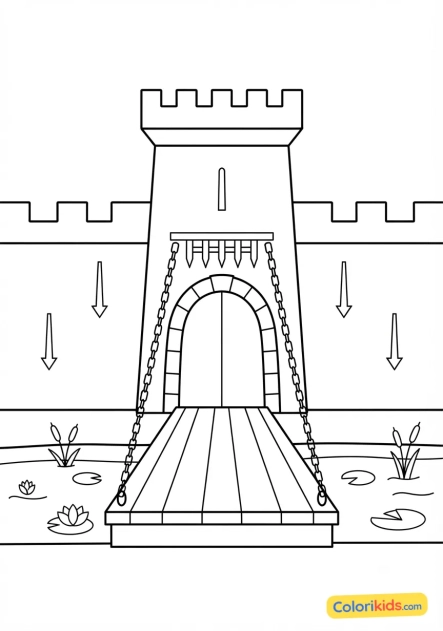Coloriage à imprimer : pont-levis et douves du château