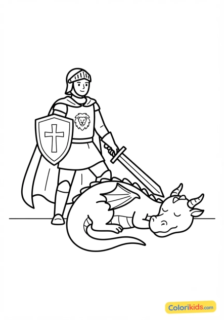 Coloriage à imprimer : dragon terrassé par le chevalier