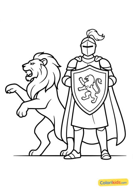 Coloriage à imprimer : chevalier et lion héraldique