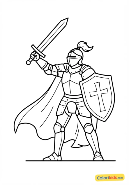 Coloriage à imprimer : chevalier brandissant son épée