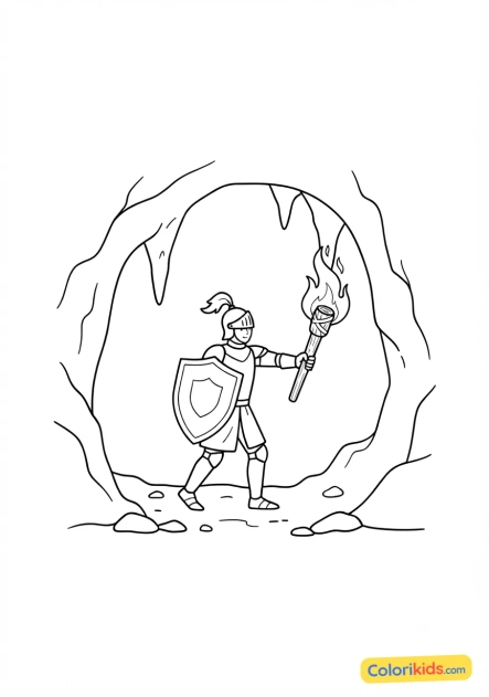 Coloriage à imprimer : chevalier explorant une grotte sombre