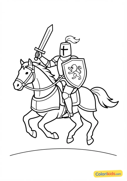 Coloriage à imprimer : chevalier au galop sur son destrier