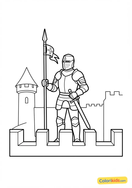 Coloriage à imprimer : chevalier gardant les remparts