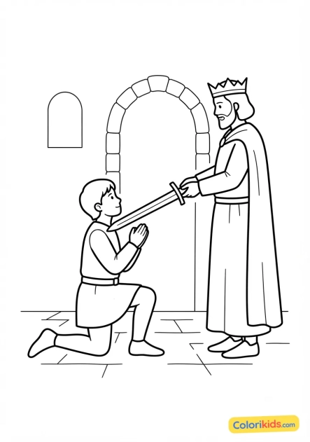 Coloriage à imprimer : chevalier agenouillé pour l'adoubement
