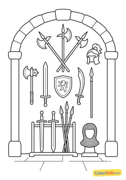 Coloriage à imprimer : armurerie royale remplie d'armes