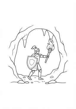 Coloriage Chevalier explorant une grotte sombre