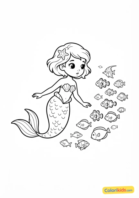 Coloriage à imprimer : jeune sirène curieuse nageant aux côtés d'un banc de poissons colorés