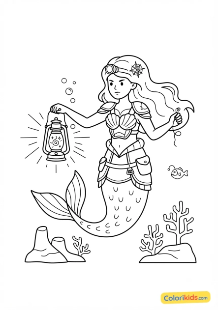 Coloriage à imprimer : sirène exploratrice tenant une lanterne magique au fond des abysses