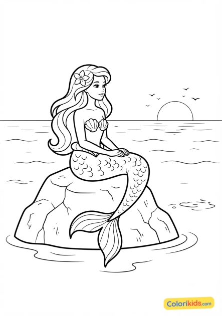 Coloriage à imprimer : sirène gracieuse assise sur un rocher face à l'océan infini