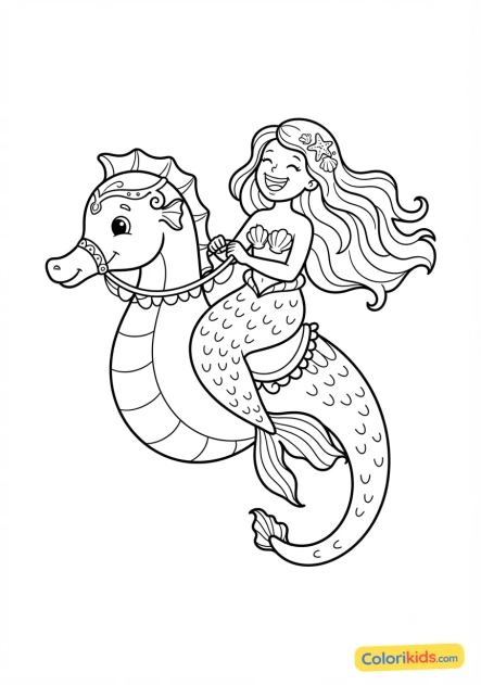 Coloriage à imprimer : sirène rieuse chevauchant un hippocampe géant et amical