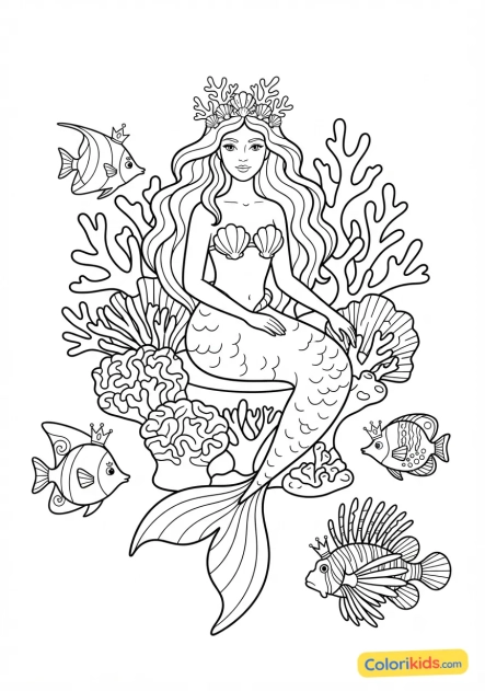 Coloriage à imprimer : sirène majestueuse sur un trône de corail entourée de poissons royaux