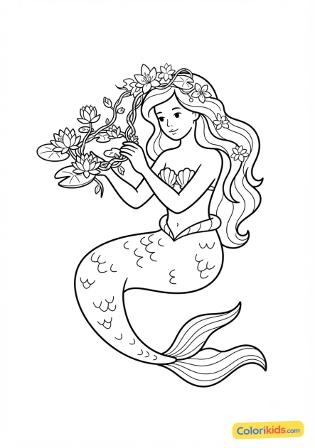 Coloriage à imprimer : sirène tressant une couronne de fleurs aquatiques et de nénuphars
