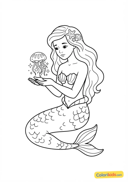 Coloriage à imprimer : sirène contemplant une méduse lumineuse dans ses mains ouvertes