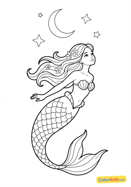 Coloriage à imprimer : sirène nageant avec grâce vers la surface pour admirer la lune