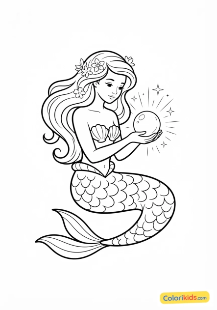 Coloriage à imprimer : sirène tenant une perle géante qui éclaire toute la scène