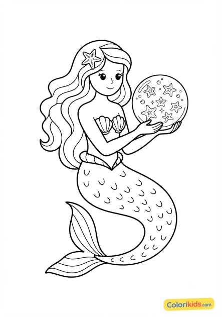 Coloriage à imprimer : sirène tenant une sphère de verre remplie d'étoiles de mer phosphorescentes