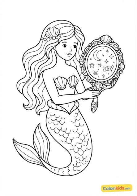 Coloriage à imprimer : sirène tenant un miroir ancien qui reflète un ciel étoilé