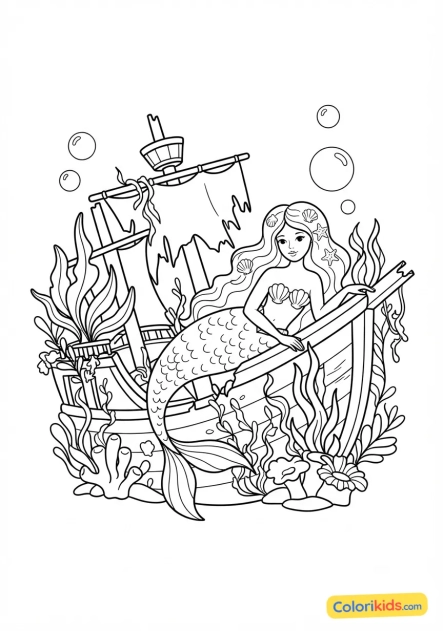 Coloriage à imprimer : sirène allongée sur une épave de galion recouverte de végétation marine