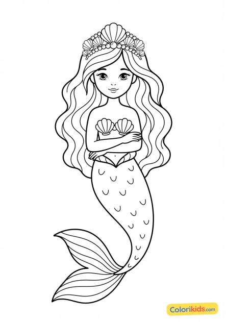 Coloriage à imprimer : princesse des sirènes portant une tiare de coquillages et perles