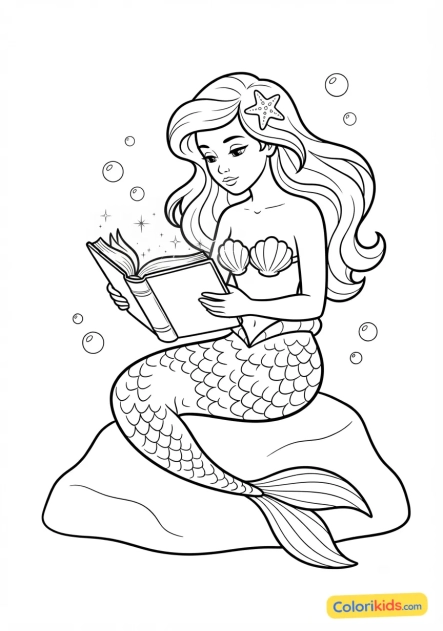 Coloriage à imprimer : sirène lisant un livre ancien dont les pages brillent sous l'eau