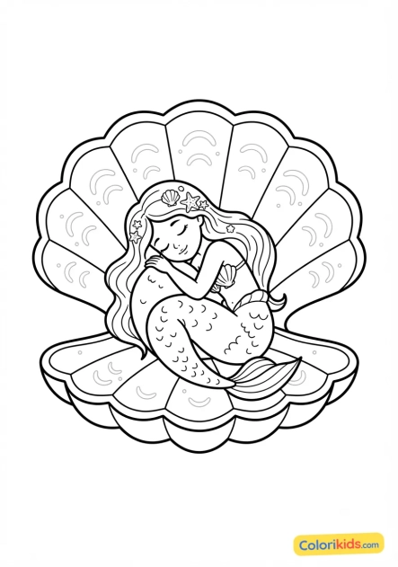 Coloriage à imprimer : sirène endormie au creux d'une immense coquille de Saint-Jacques nacrée