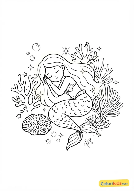 Coloriage à imprimer : sirène endormie paisiblement au milieu d'un jardin de coraux scintillants