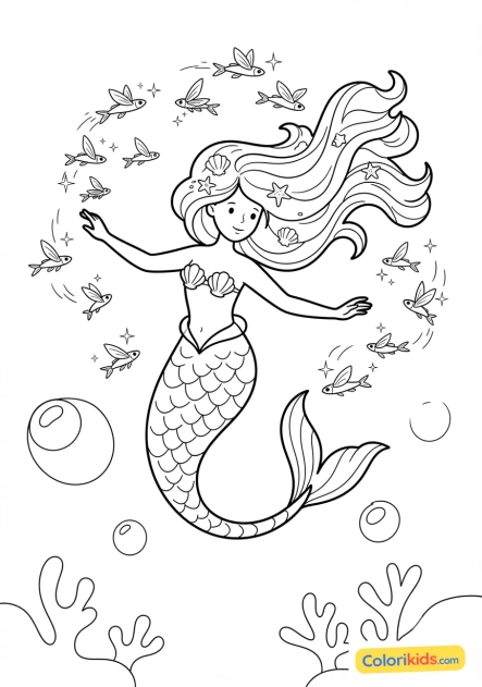 Coloriage à imprimer : sirène entourée de petits poissons volants lumineux au crépuscule sous-marin