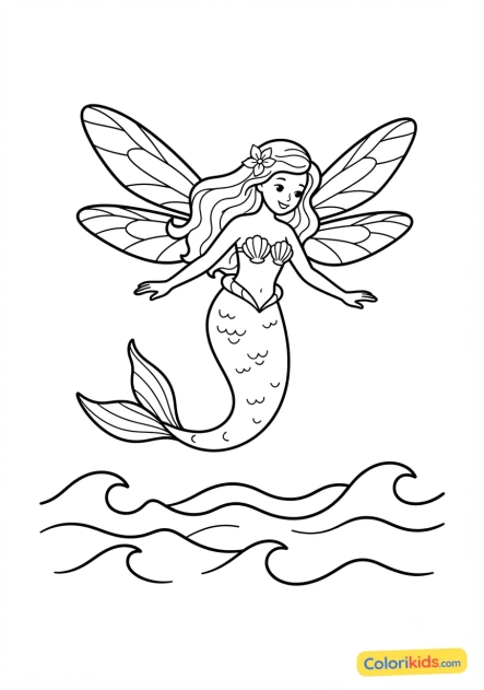 Coloriage à imprimer : sirène aux ailes de libellule aquatique planant au-dessus des vagues