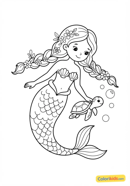 Coloriage à imprimer : sirène aux nattes fleuries accompagnée d'une petite tortue de mer