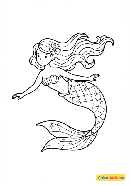 Coloriage à imprimer : sirène aux reflets holographiques dans ses nageoires déployées