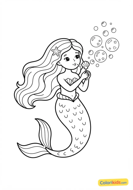 Coloriage à imprimer : sirène aux longs cheveux ondulés soufflant des bulles de savon magiques