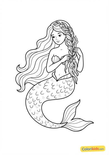 Coloriage à imprimer : sirène aux écailles nacrées tressant ses longs cheveux avec des algues