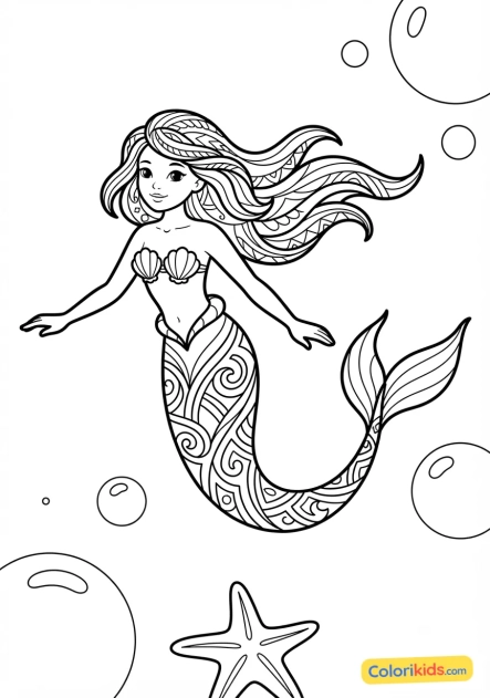 Coloriage à imprimer : sirène aux motifs tribaux nageant gracieusement dans l'eau profonde