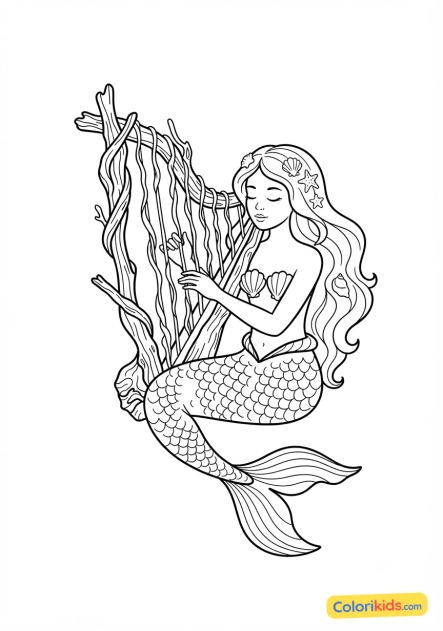 Coloriage à imprimer : sirène musicienne jouant d'une harpe faite de bois flotté et de cordes d'algues