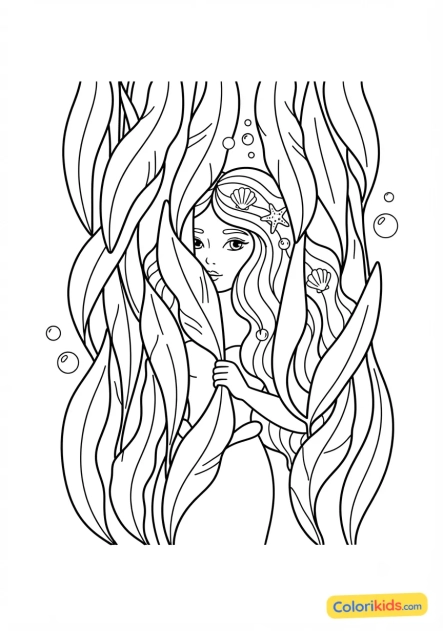 Coloriage à imprimer : sirène mystérieuse cachée derrière un rideau d'algues géantes