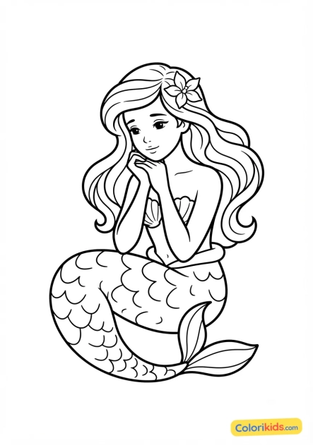 Coloriage à imprimer : sirène douce et pensive posant son menton sur ses mains jointes